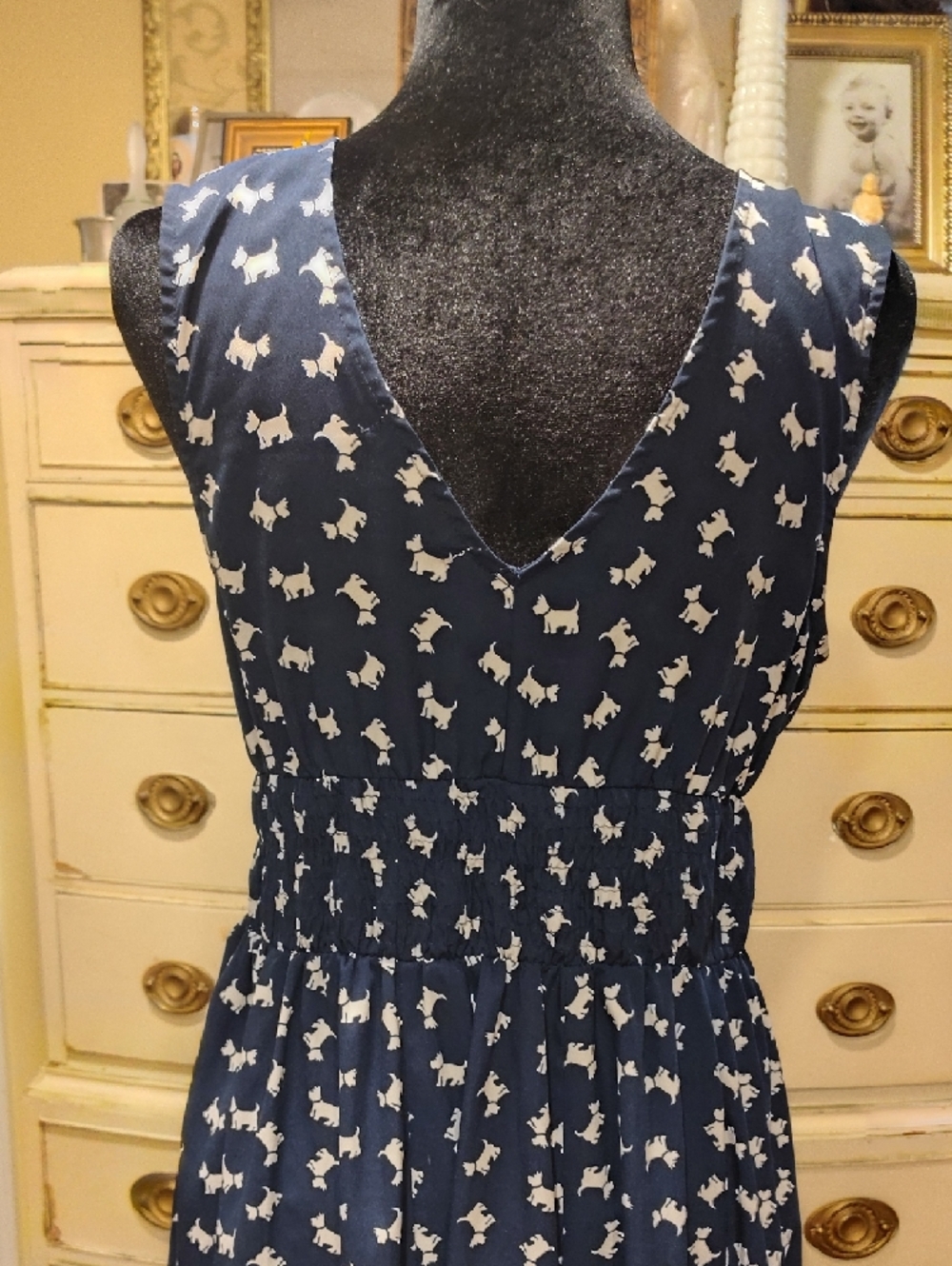 Derek Heart Navy V-Neck Smocked Waist Mini Dress with White Dog Print - Picture 6 of 11